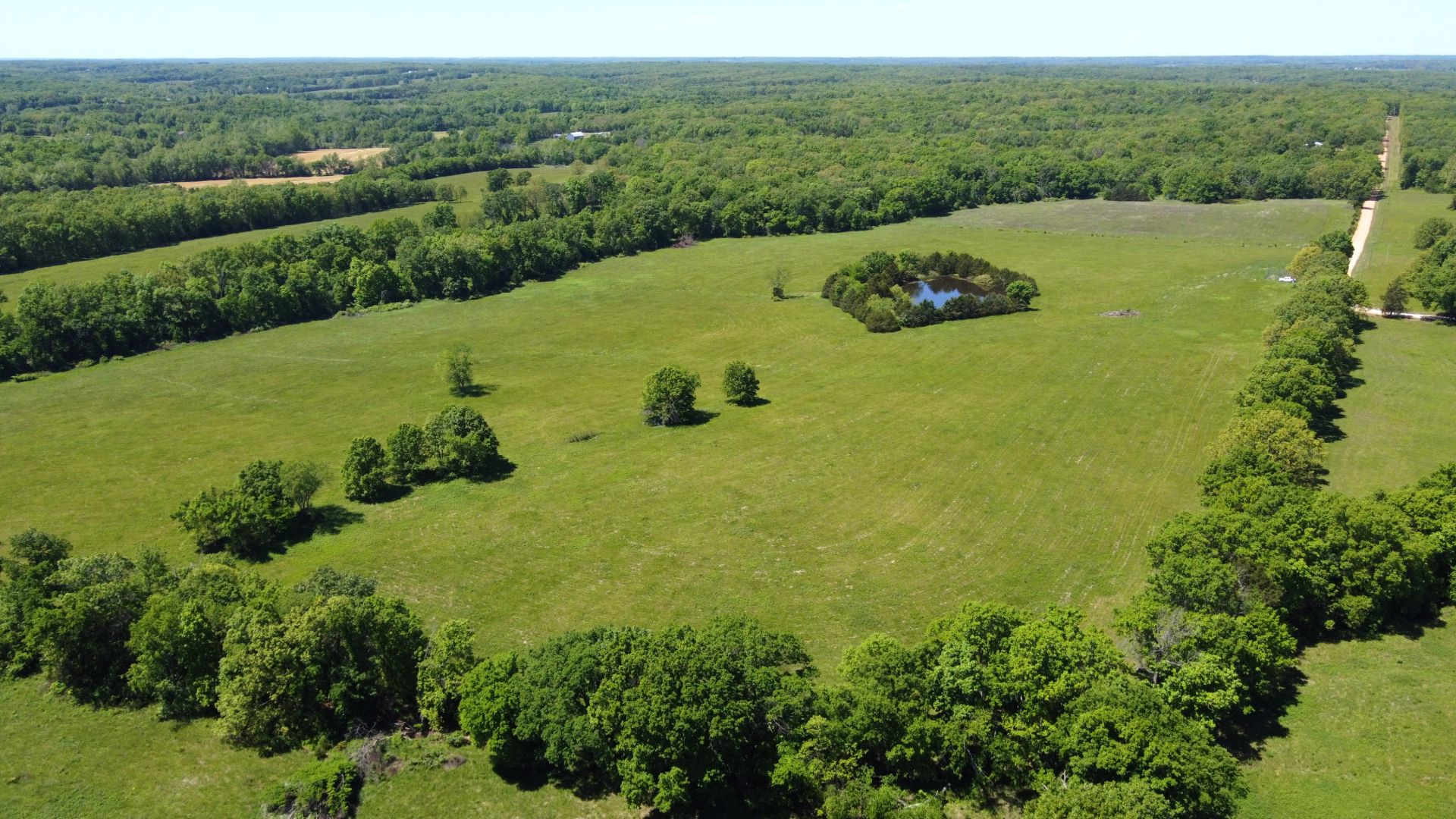 Aerial view of open Missouri pasture with pond